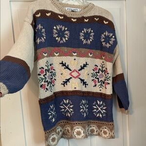 VTG Women’s Floral Knit Sweater Cream Large Crochet Detail Cottage Fairy Femme